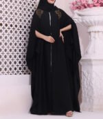 Nimsha/Beauty Bush Black Bisht Abaya by Alsanaya – Black Korean Nida fabric with gold paste design, front-open style