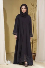 Qandil Black Abaya with Organza and Chiffon Scarf by Alsanaya