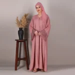 "Kahkashan Pink Abaya with stone embellishments and matching hijab by Alsanaya"