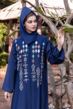 Gulnar blue Abaya with Traditional Handwork and Matching Scarf by Alsanaya