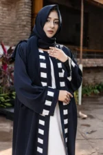 "Hajra Abaya with attached inner by Alsanaya in black and fone"