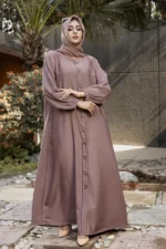 Neha Abaya by Alsanaya – Chestnut maxi style abaya with fancy buttons and matching chiffon scarf