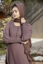 "Farah Abaya with Fancy Sleeves and Buttons in Dark Brown with Matching Shiela by Al Sanaya"