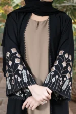 "Iman Abaya in Black with Lace Front and Embroidered Sleeves by Al Sanaya"