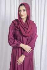 Shiza Maroon Abaya, crafted from lightweight Korean Nidah fabric for ultimate comfort and style.