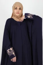 "Saajlah Blue Nida Abaya with Contrast Embroidery and Matching Hijab by Al Sanaya"